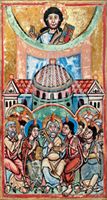Pentecoste, dal Lezionario del Vangelo e delle Epistole (Lezionario di St. Trond, Belgio), metà del XII secolo. New York, The Pierpont Morgan Library.