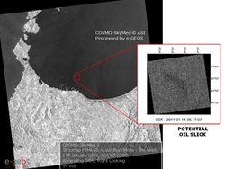 Le prime immagini satellitari della chiazza di idrocarburi nelle acque di Porto Torres sono delle ore 10,13 dell'11 gennaio. Dalle immagini Sar (ottenute con radar ad apertura sintetica), elaborate dal team Emergency di e-Geos (societa' Telespazio/Asi), si osserva la presenza della marea nera.