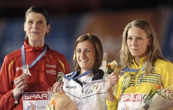 Antonietta Di Martino, neocampionessa europea al coperto nel salto in alto, al centro, tra la spagnola Ruth Beitia e la svedese Ebba Jungmark.