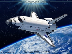 Un'illustrazione che riproduce lo Shuttle Endeavour in orbita.