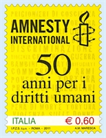 Il cinquantesimo anniversario della fondazione di Amnesty International viene celebrato dalle Poste Italiane con l'emissione, il 28 maggio, di un francobollo da 0,60 euro, stampato in 3,6 milioni di esemplari. Foto Ansa.