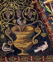 Vaso, colombe e uva, mosaico in San Vitale a Ravenna