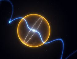 Un'immagine che rappresenta il sistema costituito dalla stella pulsar e dal suo insolito pianeta di diamante (la linea tratteggiata è l'orbita).
