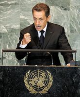 New York. Il Presidente della Repubblica francese, Nicolas Sarkozy, durante il suo intervento all'Onu, 