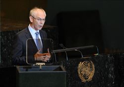 New York. Herman Van Rompuy, Presidente del Consiglio europeo, interviene durante i lavori dell'Assemblea generale delle Nazioni Unite (foto Ansa).  