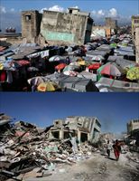 Haiti. In questo montaggio si vede uno scorcio di Desallines, quartiere di Port au Prince, com'è oggi (foto in alto) e com'era all'indomani del sisma (foto: Orlando Barrio, Epa/Ansa).
