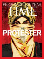 La copertina del Time magazine con l'uomo dell'anno del 2011: il manifestante (foto Ansa).