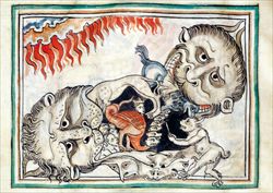 Creature infernali divorano i dannati, miniatura di scuola francese tratta dall’Apocalisse di Cambrai, secolo XIII, Ms. 422. Cambrai, Francia, Biblioteca Municipale.