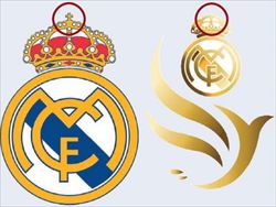 A sinistra: il simbolo storico della squadra di calcio del Real Madrid, con la croce sopra la Corona del Re di Spagna, Paese da sempre fortemente cattolico. A destra: il simbolo dopo il "maquillage". E' sparita la croce per compiacere gli emiri con i quali il Real è in affari.