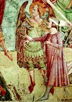 Francesco Traini (secolo XIV), Giudizio finale, particolare con angelo e beato. Pisa, Camposanto.