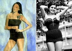 Un bozzetto del costume intero che indosseranno le aspiranti Miss Italia, per nulla sgambato rispetto a quelli di oggi, e con un taglio simile a quello delle dive anni '50 (Ansa).