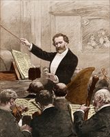 Illustrazione di Giuseppe Verdi che conduce l’orchestra durante la prima dell’Aida, a Parigi, nel 1880. Foto Corbis