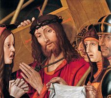 Cristo sul Calvario incontra la Madre e la Veronica. Francesco Bonsignori, (1455 -1519 ca.), Firenze, Bargello (Scala).