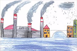 Il disegno di un bambino di Taranto sull'inquinamento e sull'Ilva: ambiente e condizioni sanitarie sono fattori decisivi del Bes (Ansa).