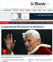 La notizia delle dimissioni del Papa sul sito del quotidiano francese "Le Monde" (Ansa).