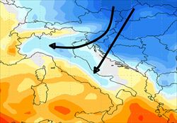 Nell'immagine, le correnti fredde ( in blu) che tra venerdì e sabato si riverseranno dai Balcani verso l’Adriatico.