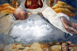 Un particolare della ventesima scena della "Vita di san Francesco" di Giotto, nella Basilica superiore di Assisi: nella nuvola, ha scoperto Chiara Frugoni, si nasconde un demone.