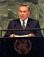 Il “presidente a vita” del Kazakistan, Nursultan Nazarbaev, durante un discorso all'Onu.