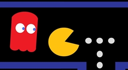 I celeberrimi personaggi di PacMan, la bocca vorace che mangia palline. Sotto, il filmato presenta Monkey Island 2, episodio di un’avventura prodotta da George Lucas.