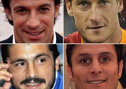 In senso orario, da in alto a sinistra: il capitano della Juventus Alessandro Del Piero, il capitano della Roma Francesco Totti, il capitano dell'Inter Javier Zanetti ed il capitano del Milan Gennaro Gattuso.