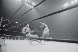 Ancora una fase dello storico match tra Alì e Joe Frazier (foto Ansa).