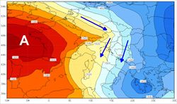 Situazione prevalente dal 6 al 10 gennaio. Lungo il bordo meridionali dell’alta pressione dell’anticiclone delle Azzorre scorrono correnti fredde dirette dai Balcani verso l’Adriatico