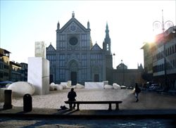 Nel rendering, un'idea del lavoro che affronterà Mimmo Paladino per costruire la croce in Piazza Santa Croce a Firenze.