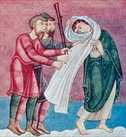 Il bacio di Giuda, particolare del ragazzo che fugge lasciando il mantello in mano agli inseguitori, dal Codice Aureus Escurialensis Fol. 81r (facsimile). Madrid, monastero dell’Escorial.