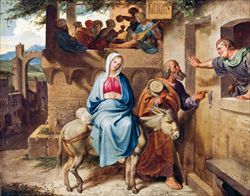 Arrivo della Sacra Famiglia alla locanda di Betlemme di Joseph von Fuehrich, olio su tela, 1838. Berlino, Nationalgalerie, Staatliche Museen zu Berlin (Scala).
