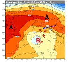 Tempo in peggioramento lunedì, per la presenza di un vortice di bassa pressione in prossimità della Sardegna ma esteso a tutta  l’Italia. 