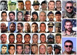 I 49 italiani morti in Afghanistan dal 2004 ad oggi. Nelle foto più grandi a destra, dall'alto: Paolo Francesco  Messineo,  Luca Valente, Francesco Currò. Foto Ansa.