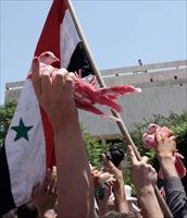 Manifestazioni in Siria, con le colombe della pace dipinte con un colore rosso-sangue. Foto Ansa.