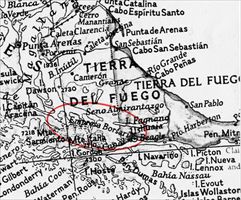 La carta del National Geographic: al centro, cerchiata in rosso, la "Empresa Borsari", vicino al canale Beagle (archivio Franco Borsari).