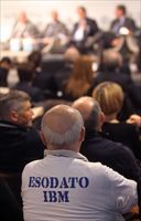 Lavoratori "esodati" al convegno "Tutto pensioni 2012" organizzato dal quotidiano Sole24ore (Ansa).