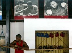 Un pugile cubano in palestra. In alto, fidel Castro con i guantoni da boxe e Stevenson in una delle sue formidabili vittorie (Reuters).