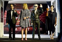 Dopo i pre casting di Bari, Milano e Roma, le audizioni di X Factor 2012 sono sbarcate a Rimini. Nella foto, da sinistra a destra, i giudici Elio, Simona Ventura, Morgan, Arisa. (foto ANSA)