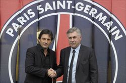Da sinistra: Leonardo con Carlo Ancelotti, il nuovo allenatore della squadra francese del Paris Saint-Germain (Ansa).