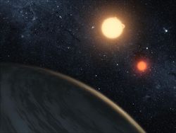 Kepler 16b è anch'esso un pianeta roccioso forse simile alla Terra, ma ha la caratteristica di appartenere a un sistema con due soli.