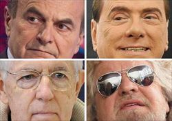 Dall'alto, a sinistra, in senso orario: Pierluigi Bersani, Silvio Berlusconi, Beppe Grillo, Mario Monti. Foto Ansa. 